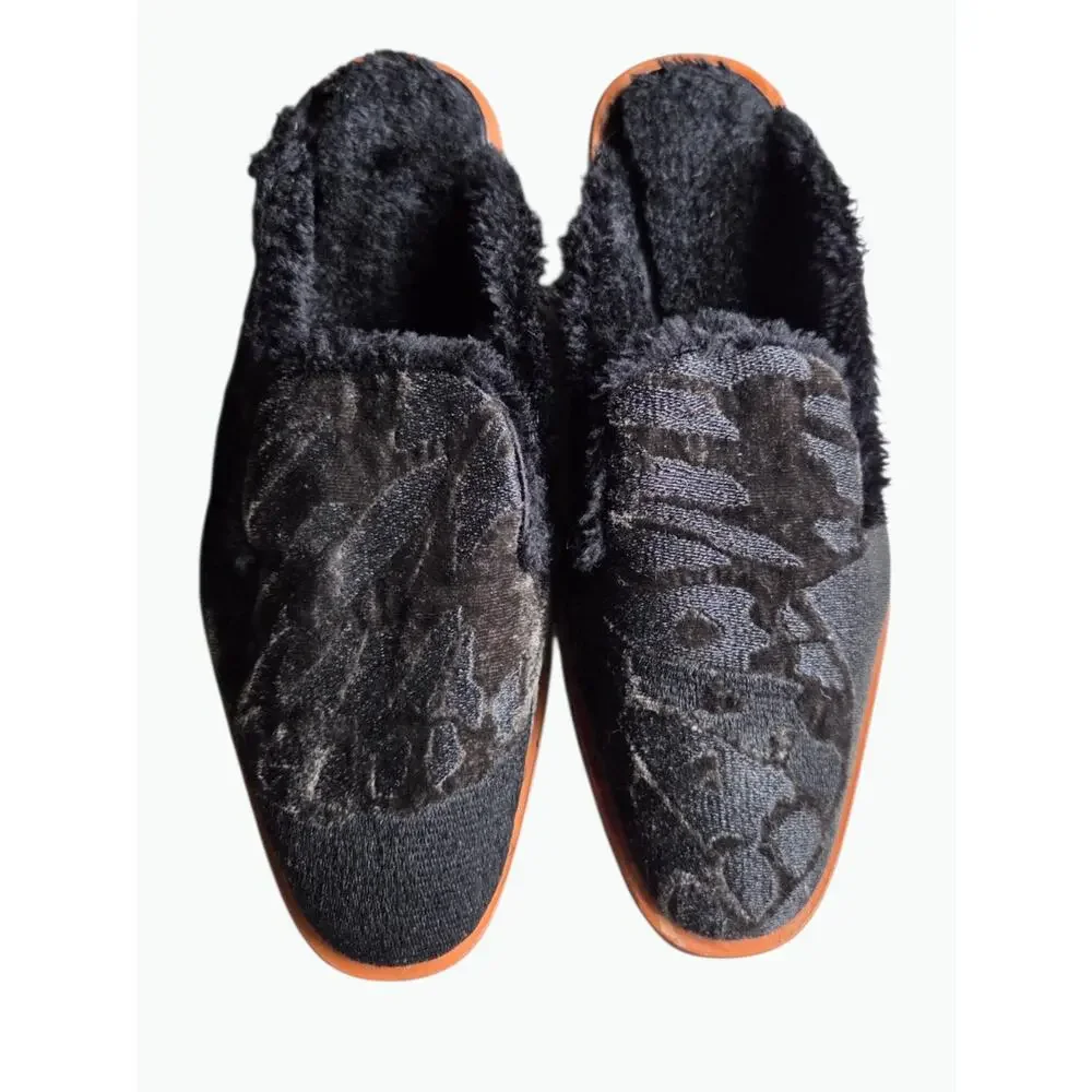 Free People Butterfly Effect Velvet Mule Flats Black Blue Women's Sz 6 LIKE NEW